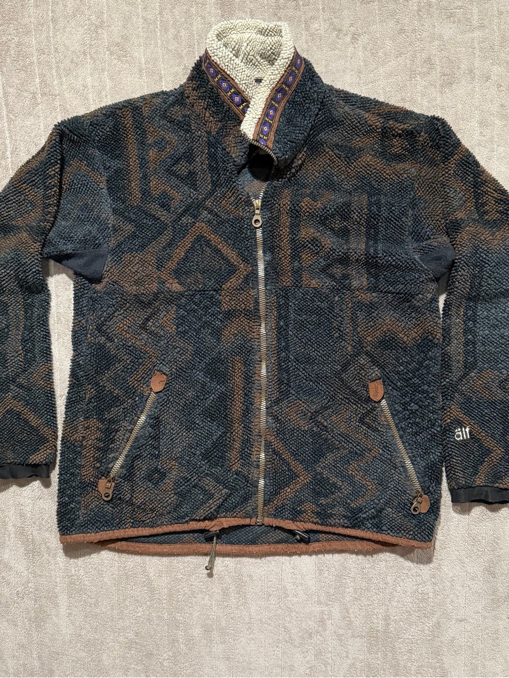 VTG 90s Alf Kuhl Mens Medium Brown Deep Pile Sherpa Aztec Full Zip USA Fleece